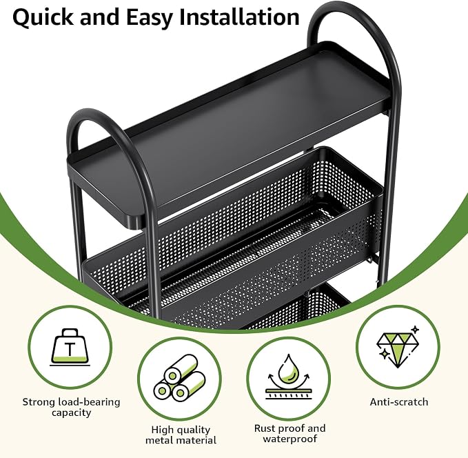 KINGRACK 4-Tier Slim Storage Cart with 3 Pull Out Basket, Rolling Bathroom Organizer Utility, Metal Shelving Unit Slide Out, Lockable Wheels, Easy Assembly for Narrow Place, Kitchen, Office, Black