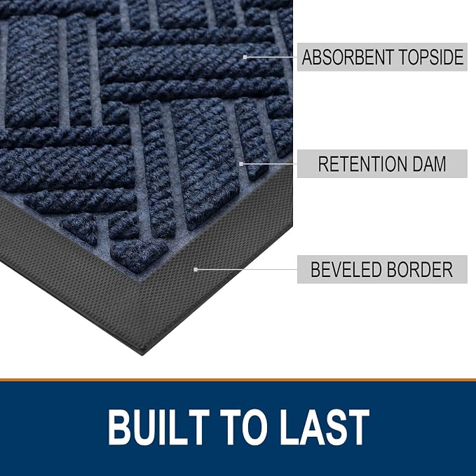 OLANLY Indoor Outdoor Mat, Sturdy Natural Rubber Floor Mat, Non Slip Low Profile Waterproof Doormat, and Stain Front Door Mats, Easy Clean Patio Entrance Mat, 36''x24'', Navy