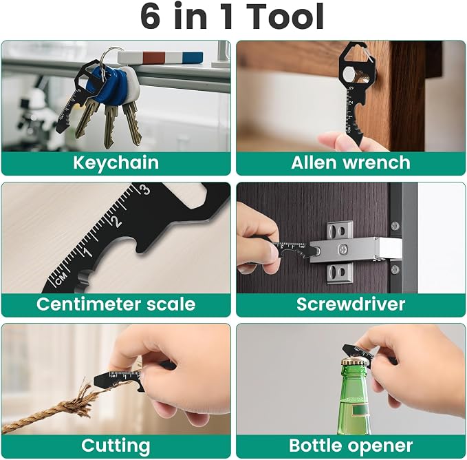 Mini Keychain Bottle Opener Multi Tool, Stainless Steel 6 in 1 Tool (Keychain, Bottle Opener, Wrench, Pry Bar, Metric Ruler,Cord Cutter) Includes Gift Box, Key Chain Tool For Men