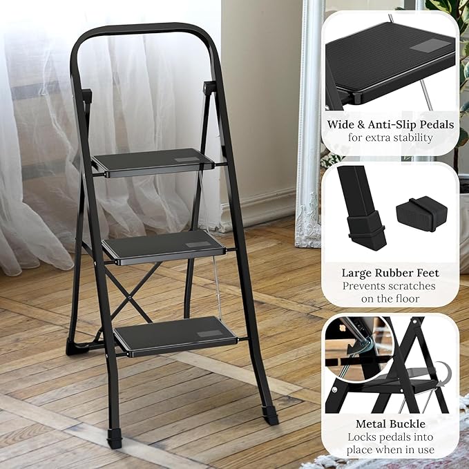 3-Step Ladder with Wide Anti-Slip Platform & Thick Rubber Feet | Heavy Duty Foldable & Portable | 330 lbs Capacity, Steel Frame, Rubber Handgrip, Folding Step Stool
