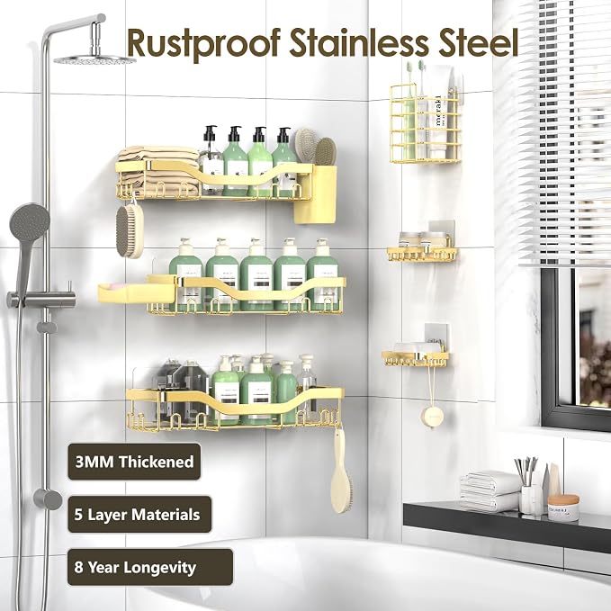 NESOMI Shower Caddy Adhesive Shower Organizer 8-Pack, Rustproof Stainless Steel Bathroom Shelves, Large Capacity No-Drill Rack Storage Accessories with Soap Dish Toothbrush Holder Hooks