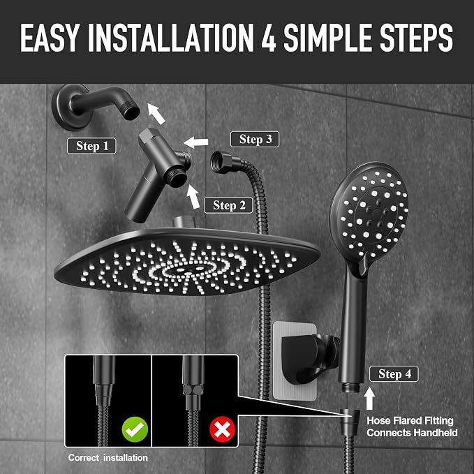 Veken Rain Shower Head with Handheld, High Pressure Rainfall Showerhead Combo with 5 Hand held Water Spray Modes for Bathroom Accessories, Detachable Dual Shower Heads, Matte Black, 10 Inch