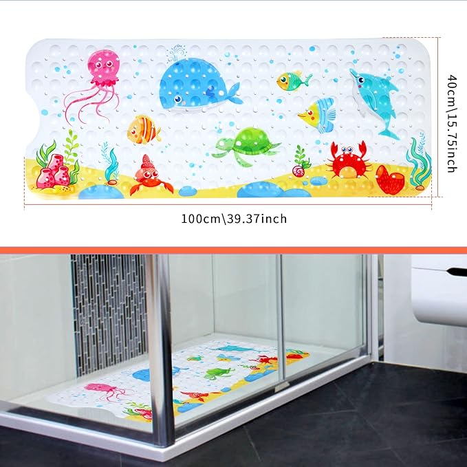 Secopad Bath Mat for Tub Non Slip, Machine Washable Anti-Slip Cartoon Baby Bathtub Shower Mat with Drain Holes and Suction Cups for Toddler & Kids, 40 Inch x 16 Inch-Rectangular, Little Whale