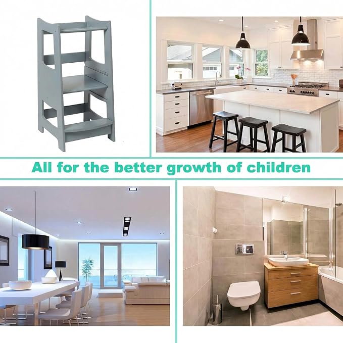 EGREE Modern Gray Wooden Toddler Kitchen Tower Step Stool- 3 Heights Adjustable Montessori Learning Tower Step Up Stool with Safety Rails - Kids Kitchen Helper Stand for Cooking & Bathroom