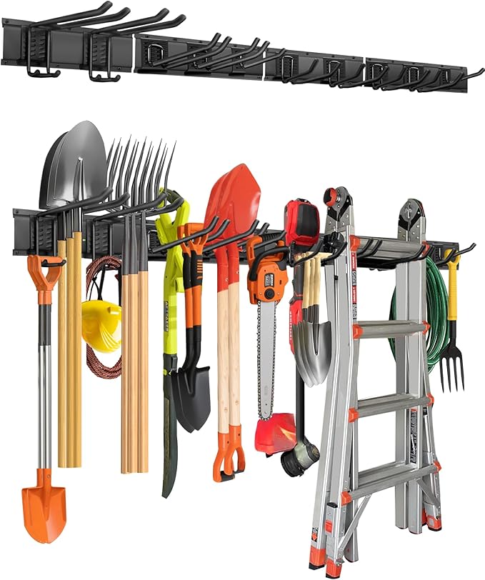 PIYILO 64 inches Garage Tool Organizer Wall Mount, Garden Tool Organizer Rack Heavy Duty, Hanging Storage Organization Racks Holder with 10 Hooks, for Lawn Tools, Shovel, Shed