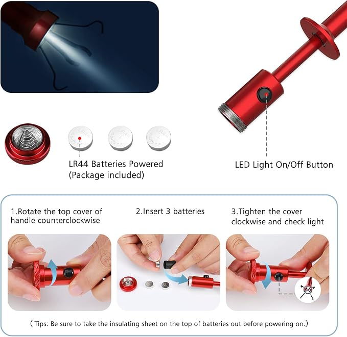 Housolution 28.34in Grabber Tool Magnetic Four-Claw Picker, Bendable Hose Reacher Pickup Sweeper with LED Light Battery, Flexible Long Handy Reaching Assist Tool for Litter Pick/Home Sink/Drain, Red