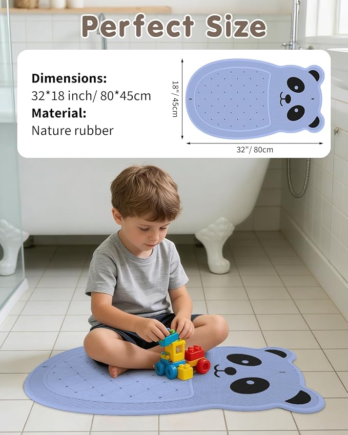 Panda Bathtub Mat Non Slip Kids Natural Rubber Low Odor, Bath Mat for Tub Non Slip for Baby 32"x18", Anti-Slip Surface and Strong Suction Cups Dual Anti-Slip, Machine Washable, Blue