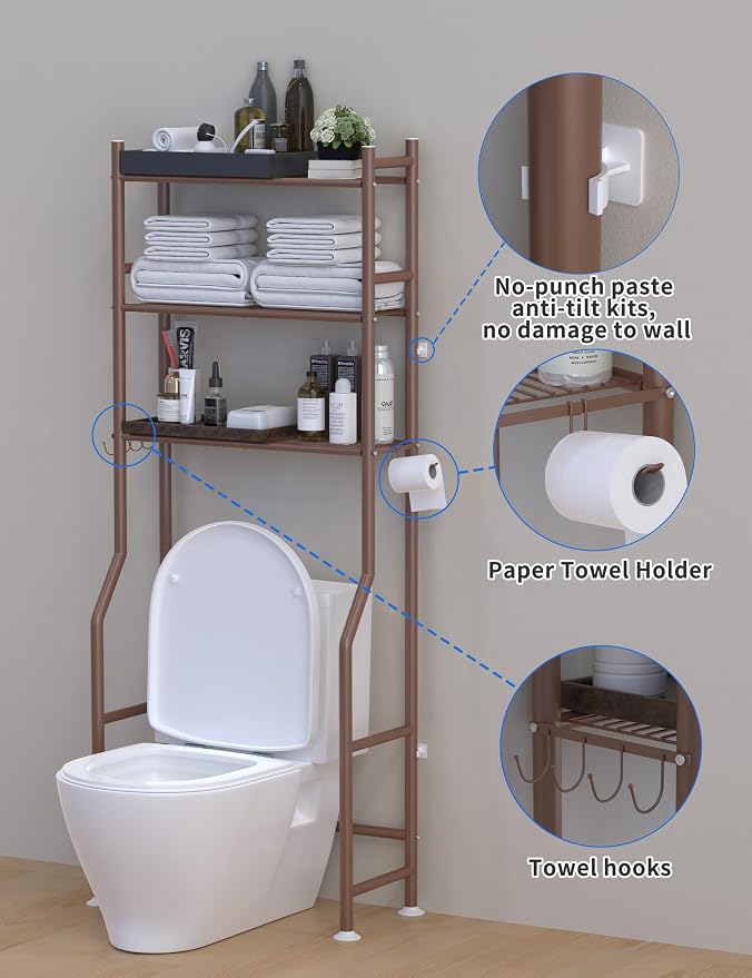 Livilord 3-Tier Over The Toilet Storage, Freestanding Metal Bathroom Shelves with 4 Hooks, Over Toilet Storage Shelf with Paper Holder, Above The Toilet Shelf for Bathroom Storage, Bronze