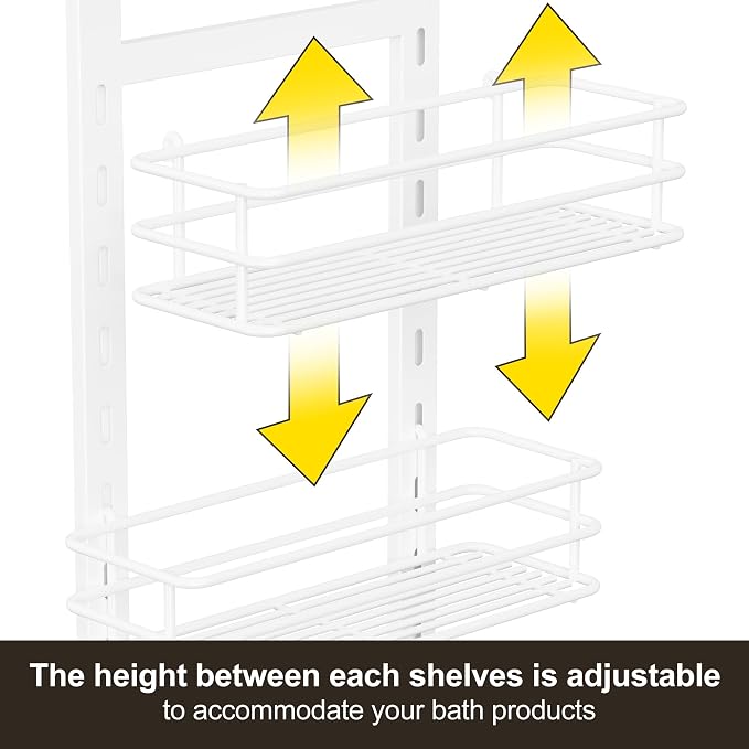 Orimade 4 Tier Adjustable Anti-slip Shower Caddy Over Shower Head, Rustproof Bathroom Hanging Organizer With 4 Hooks for Razor, No Drilling Shower Shelves Storage Rack, White