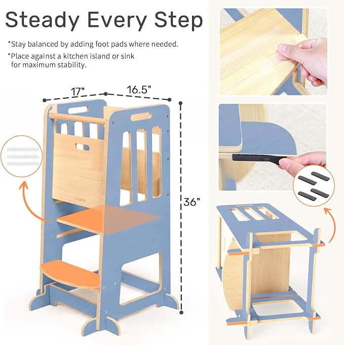 WINGYZ Toddler Tower - Anti-Tip Natural Wood Learning Stool for Kids 18M-6Y, 150lb Capacity Kitchen Stool with 3-Height Adjustable Platform and Sliding Door Access, 20lb Portable Design, Blue