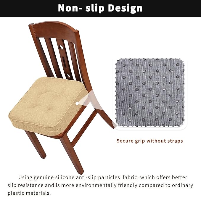 GOFORIT Memory Foam Cushion，Square Seat Cushions for Dining Chairs,Non-Slip Chair Pads with Removable Cover, 16'' x 16'', 2 Pack,Khaki