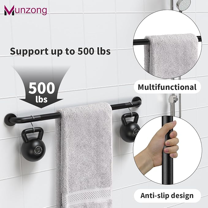 3 Pack Bathroom Grab Bar for Commercial, Munzong 18" 36" 42" Black Shower Grab Bar Bundle,1.25" Diameter Handicap Balance Bar,Anti Slip Safety Hand Rail for Elderly Injury Senior Assist Bath Handle