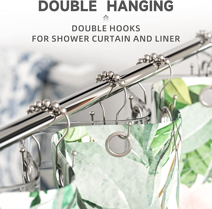 Shower Curtain Hooks Brushed Nickel Shower Curtain Rings Rust Proof, Bathway Balanced Smooth Glide Double Shower Curtain Hooks, Sturdy Shower Hooks for Shower Curtain 12 Pcs Shower Rod Hooks