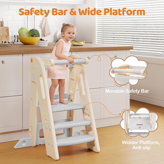 Onasti Foldable Toddler Tower Kitchen Stool Helper, Adjustable Height Learning Standing Tower with Safety Rail, Anti-Slip Steps, Kids Step Stool for Kitchen Counter and Bathroom Sink-Grey