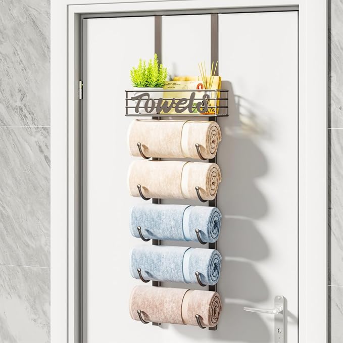 HapiRm Towel Racks for Bathroom Storage - 6 Tier Over The Door & Wall Mount Rolled Towel Storage Organizer Holder with Metal Shelf Basket for Small Bathroom, Camper, Rv - Patented