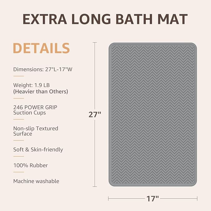 OTHWAY Bathtub Mat Non Slip, 27" x 17" Bath Mat for Tub, Machine Washable Shower Anti Slip Mat with 246 Strong Suction Cups (Grey)