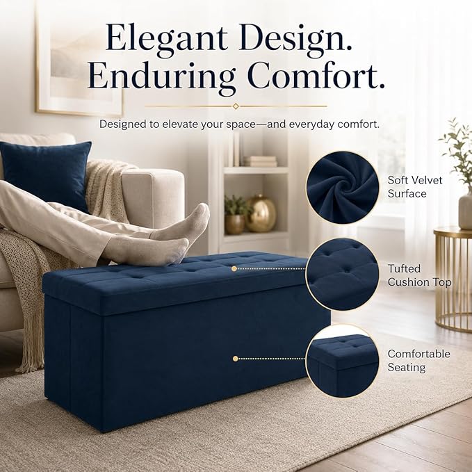 ALASDO 43 Inch Folding Storage Ottoman Bench with Hidden Storage, Velvet Storage Ottoman Foot Rest Stool, End of Bed Bench for Bedroom, Living Room, Entryway and Closet, Navy Blue