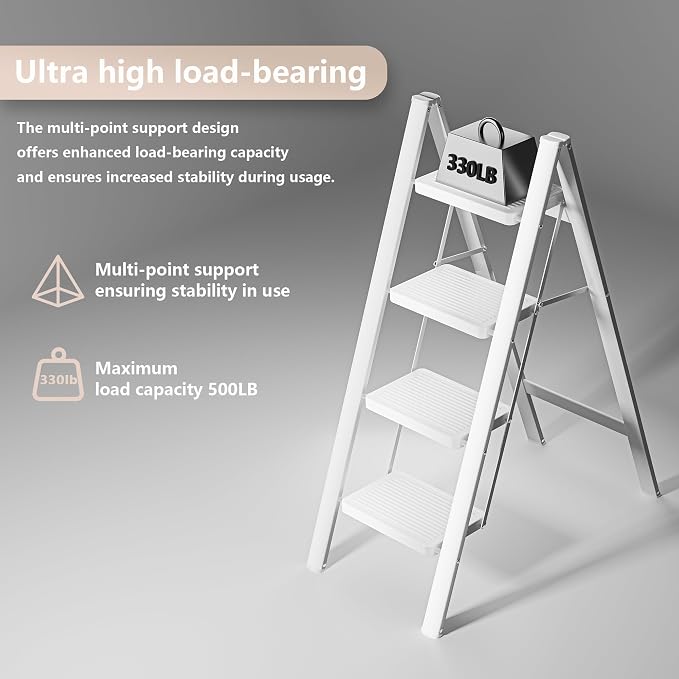 White Step Ladder White 4 Step Folding, Sturdy 330 Lbs Small Step Stool for Adults, Closet Step Stool Ladder with Anti-Slip Wide Pedals, Portable Folding Ladder for Home Kitchen Office
