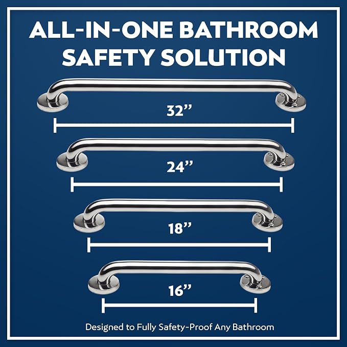 Shower Grab Bars 4 Pack – Complete Bathroom Safety Starter Bundle for Seniors – 16", 18", 24", 32" Lengths, 1.25" Diameter, 500 lb Rated – All-in-One Grab Bar Shower Safety Solution – Polished Chrome