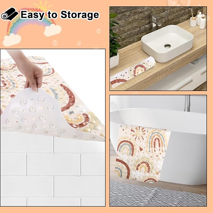 Topotdor Baby Bathtub Mat Non Slip for Kids, 40 X 16 Inch Cute Cartoon Bath Tub Shower Mat Anti Slip with Suction Cups & Drain Holes, Boho Rainbow