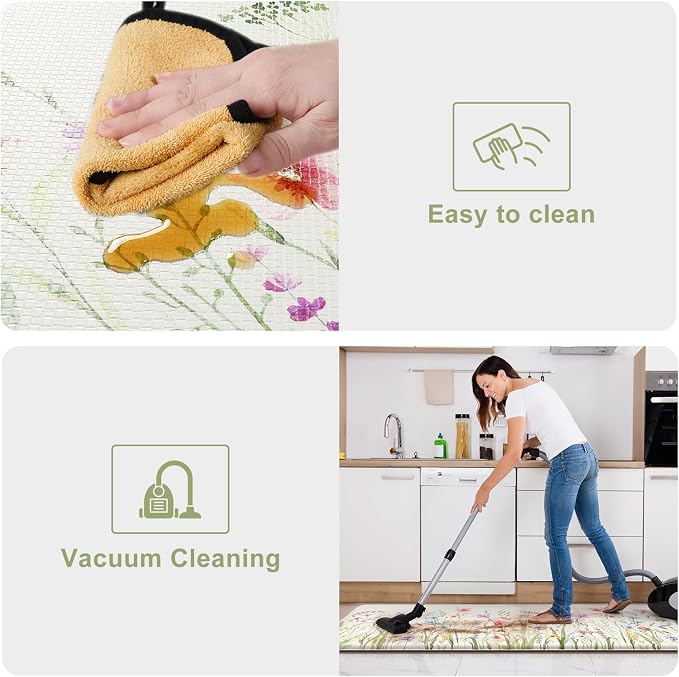 KIMODE Kitchen Mats Cushioned Anti Fatigue, Summer Farmhouse Flower Kitchen Rugs Sets of 2, Padded Kitchen Floor Mats, Non Slip Standing Mats for Sink Laundry Office Desk White 20"x59"+20"x32"