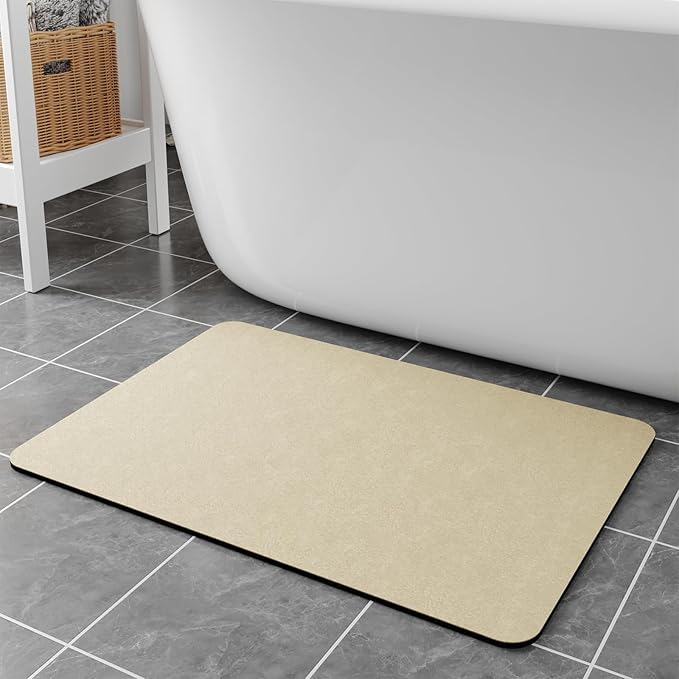 Diatomaceous Earth Bath Rugs 24x17 - Quick Dry Absorbing Non Slip Thin Bath Mat Fit Under Door, For Tub, Shower, Sink, Beige