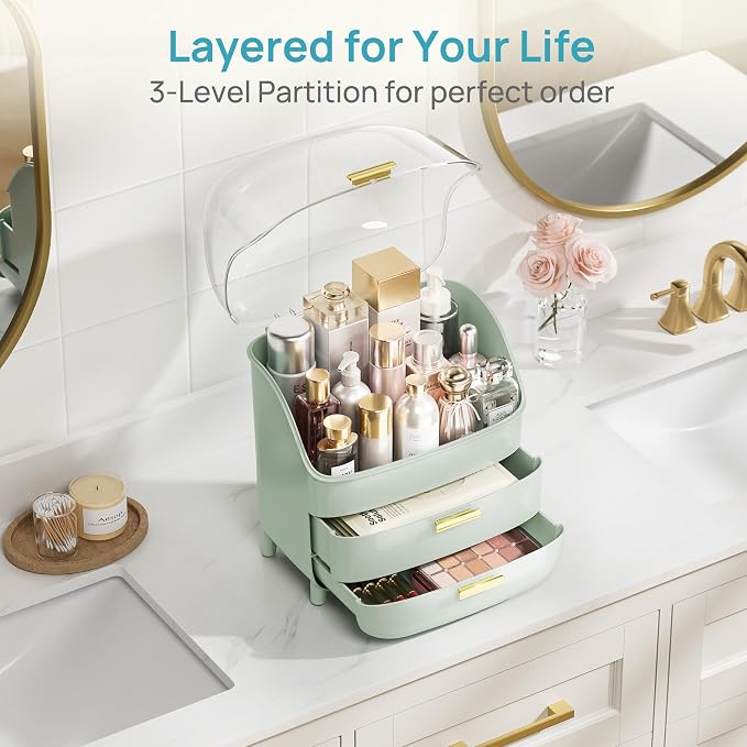 Vtopmart 3-Tier Skincare Makeup Organizer with Drawers and Lid for Vanity and Bathroom Countertop, Large Cosmetic Storage Box Case for Dresser, with Non-Slip Base, Green