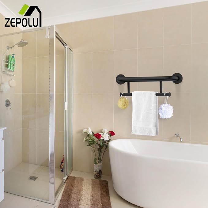Black Towel Grab Bar 17 Inch, Zepolu Handicap Towel Bar for Bathroom, Stainless Steel Safety Assist Bar Balanced Support Handle, Wall Mounted Towel Rack Grab Bars for Senior Elderly Disabled