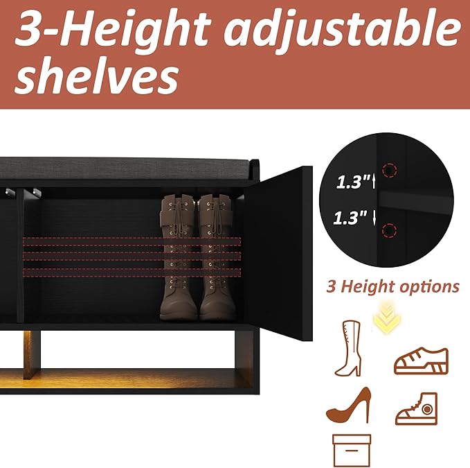 HOMEFORT 39.4" Fluted Shoe Storage Bench, Entryway Bench with Linen Seat Cushion, Shoe Cabinet Bench with Adjustable Shelf and Built-in LED Sensor Light, Bench for Bedroom End of Bed,Black