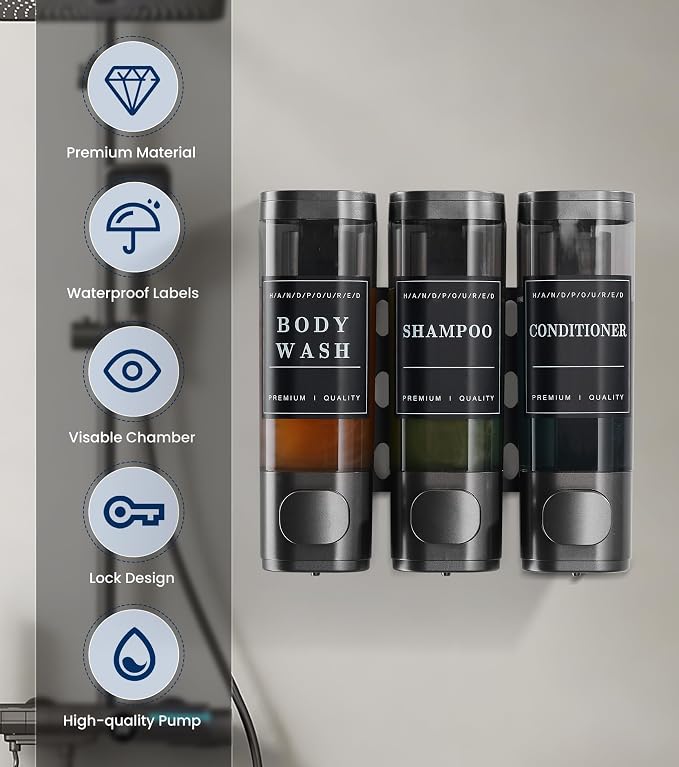 Cabo Deseado Shower Soap Dispenser Wall Mounted No Drill Shampoo Dispenser for Shower Wall Shampoo and Conditioner Dispenser Bathroom Hotel 3 * 350ml Gungray with Labels