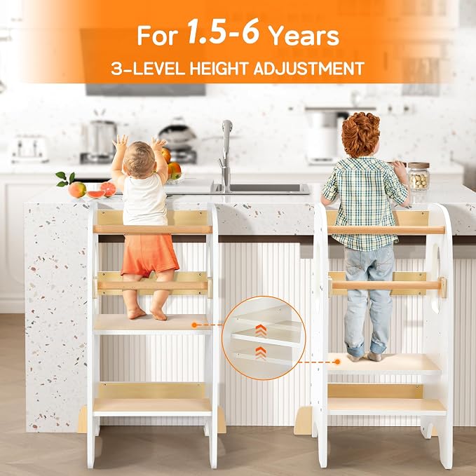 Ezebaby Toddler Standing Tower, 3-Adjustable Height Toddler Kitchen Step Stool, Kids Helper Stool for Learning New Skills-White