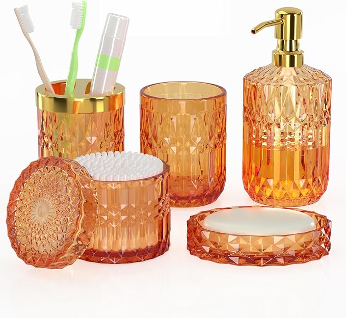 Orange Glass Bathroom Accessories Set 5 Pcs, Orange Bathroom Set, Soap Dispenser and Toothbrush Holder Set, Qtip Holder Set, Vintage Bathroom Sink Set, Cute Bathroom Decor