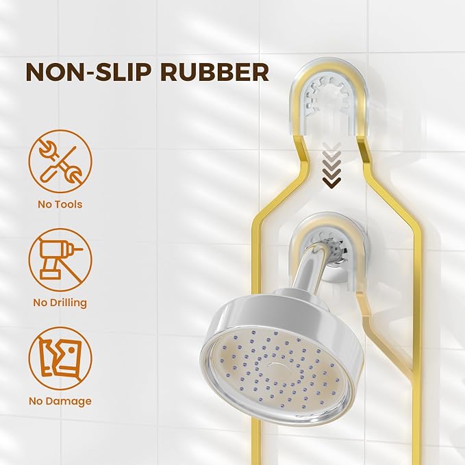 REINHARDT Shower Caddy Hanging for Handheld Showerheads Adjustable Split Shower Caddy, Rustproof Shower Organizer with Hooks for Razors Over the Head Caddy with Soap Holder Bathroom Accessories, Gold