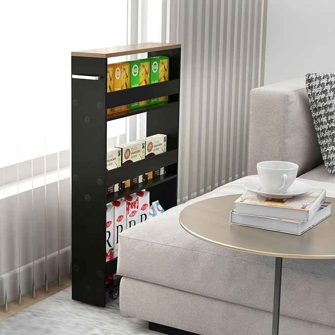 Giantex 4 Tier Rolling Slim Storage Cart, 5" Narrow Slide Out Kitchen Cart w/Handle & Open Shelves, Space-Saving Compact Mobile Utility Trolley for Small Space Laundry Room (Black & Natural)