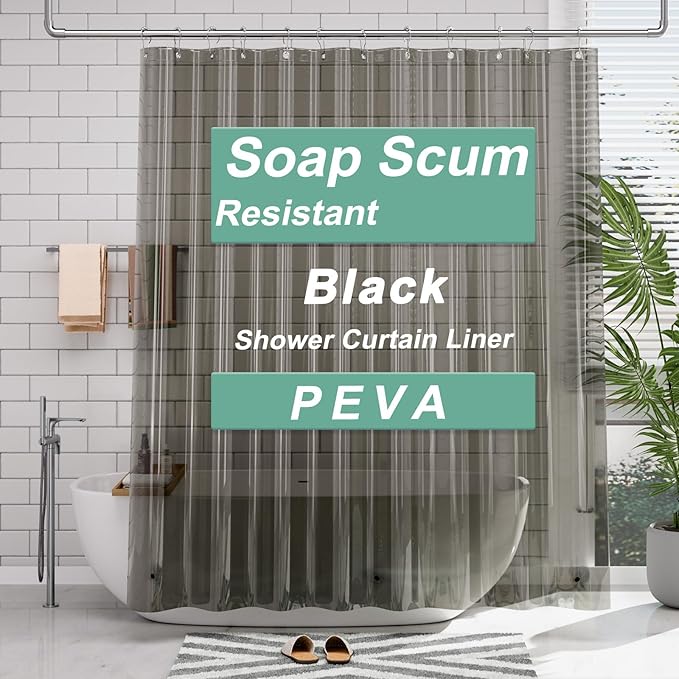 AmazerBath Transparent Black Shower Curtain Liner, 72x72 Shower Liner, Lightweight Plastic Shower Curtain Liners, Cute Waterproof Shower Liner for Bathroom with 3 Magnets and 12 Grommet Holes