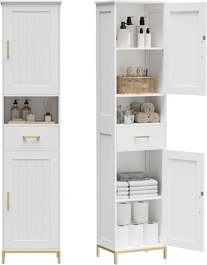 Homhedy 67" H Bathroom Storage Cabinet, Tall Storage Cabinet with Adjustable Shelves, Freestanding Cabinet with Doors and Drawer, Narrow Cabinet for Bathroom, Living Room, Kitchen, Dining Room, White