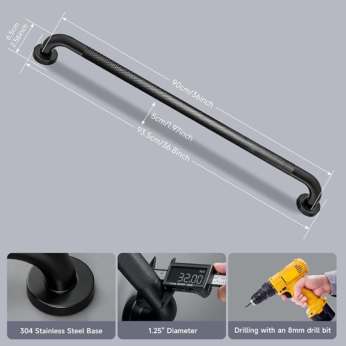 36 Inch Shower Grab Bar 1.25" Dia, 2 Pack Black Anti Slip Bathroom Grab Bar, 304 Stainless Steel Knurled Handicap Grab Bars, Safety Support Handrail,Bath Shower Handle for Elderly Injury Senior