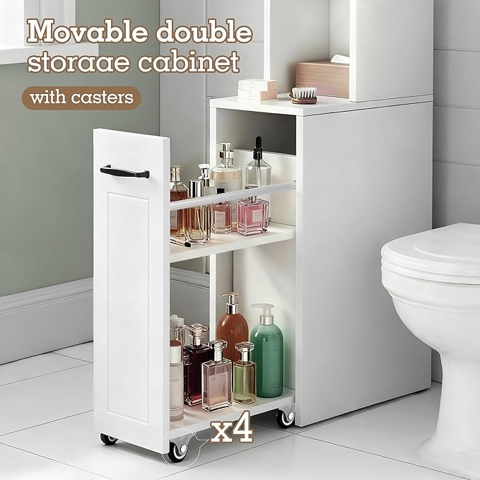 Over The Toilet Storage Cabinet, Extendable Rolling Drawer-Style, Mobile, Acrylic Sliding Doors, Adjustable Shelving, Compact Bathroom Storage with Toilet Paper Holder for Bathroom, Laundry Room