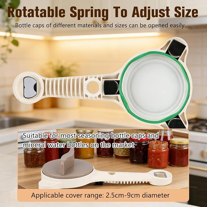 Multi-Functional 4-in-1 Jar & Bottle Opener, Adjustable Grip for Lids 1-3.5 Inches, Magnetic Stainless Steel Can Opener with Ergonomic Handle, Easy Open Kitchen Tool (1-Pack, Beige)