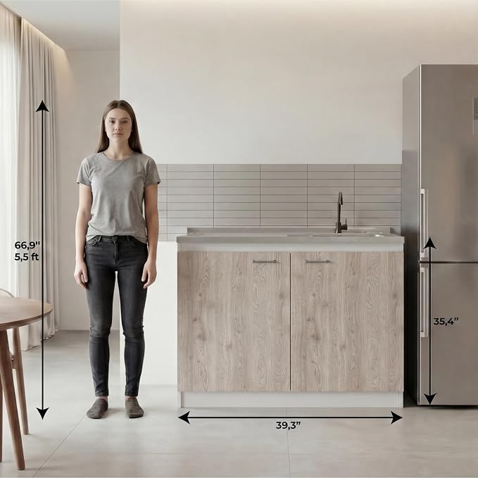 Tuhome Napoles Utility Sink Base Cabinet with Integrated Stainless Steel Countertop, Freestanding Cabinet with Double Doors, Interior Shelf for Laundry Room, Utility Room, Mudroom or Kitchen