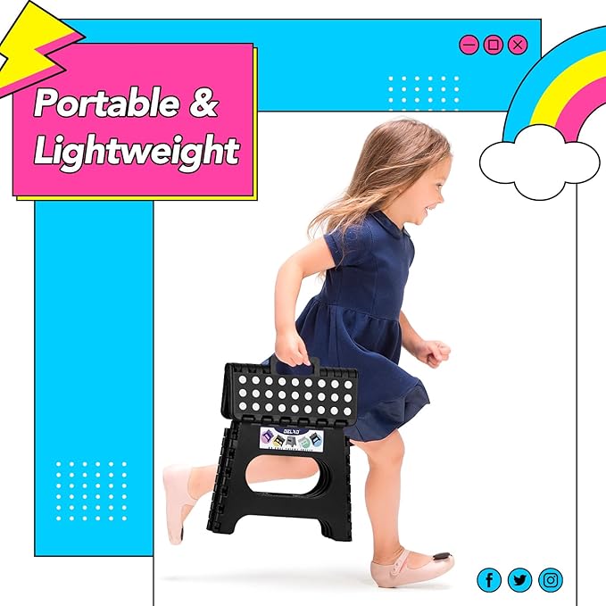 Delxo 11 inch 2 Pack Folding Step Stool, Non-Slip Foldable Stools Up to 300 LBS, Step Stool with Handle, Lightweight Collapsible stools for Kitchen, Bathroom, Bedroom, Garden (Black)