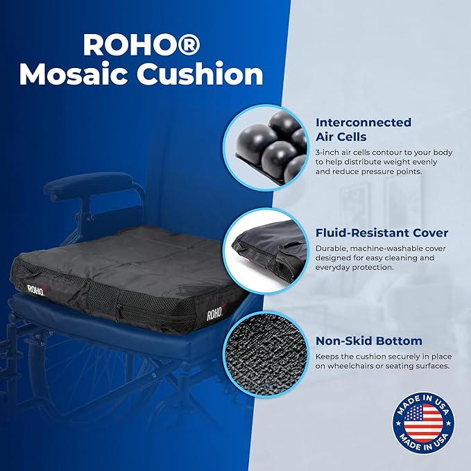 Roho Mosaic Seat Cushion 18” x 16” Inflatable Air Cell Design, Adjustable Firmness, Non-Skid Cover, Lightweight Portable Cushion for Wheelchair, Office Chair, Car & Home