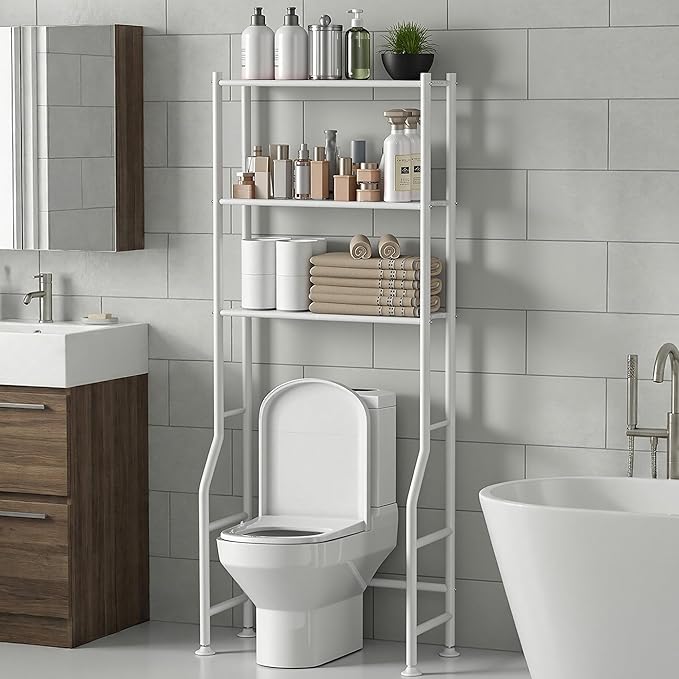 Livilord 3-Tier Over The Toilet Storage Rack, Space Saver Metal Bathroom Shelves, Freestanding Over Toilet Bathroom Organizer for Bathroom/Living Room (White)