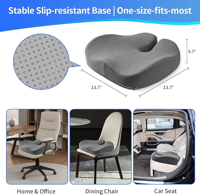 Seat Cushions for Office Chairs & Hip Pain Relief, Extra-Dense Coccyx Cushion with Sciatica Support, Ergonomic Design for Desk Chair, Car, Wheelchair, All-Day Comfort (Gray)