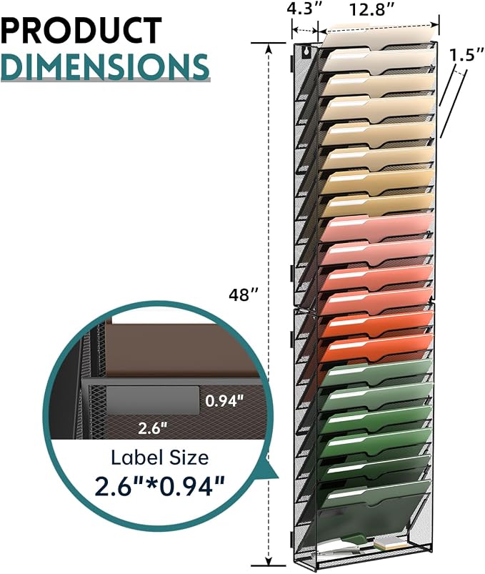 SUPEASY 21 Tier Wall File Organizer, Hanging Wall Mounted Mail Organizer with Label Slots, Metal Mesh File Holder Magazine Rack for Office, Home, School or Classroom, Black