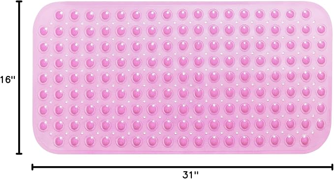 Large Non-Slip Bathtub & Shower Mat 31”x16” (Smooth/Non-Textured Tubs Only) Safe, Clean, Machine-Washable, Superior Grip&Drainage, Vinyl, Transparent Pink