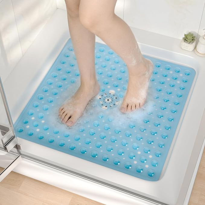 HITSLAM 21x21 Inch Square Shower Mat Non Slip, Anti Slip Bathtub Mat with Strong Suction Cups & Drainage Holes, Machine Washable Bathroom Floor Mat for Inside Shower Stall and Tub, Blue