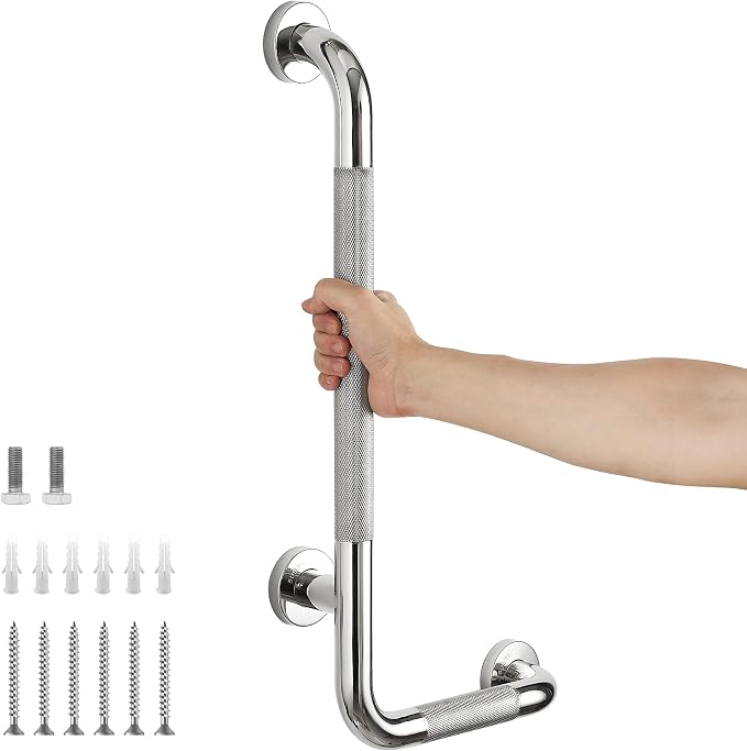L-Shaped Grab Bars for Shower, 24x12 Inch Stainless Steel Grab Bars for Elderly for Wall Mount, Anti-Slip Knurled Grip Bathroom Safety Rail, Right