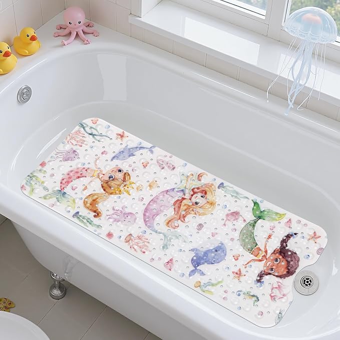 Topotdor Baby Bath Mat, Cartoon Bath Mat for Tub Non Slip Kids, 40x16 Inch Extra Long Toddler Bathtub Mat with Drain Holes & Suction Cups, Machine Washable Anti-Slip Shower Mat, Mermaid