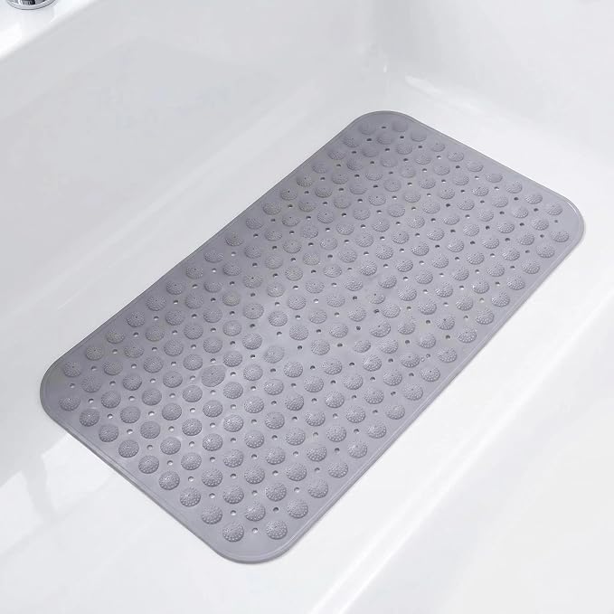 Double-Sided Anti-Slip Bath Tub Mat with Suction Cups and Drain Holes, Textured Surface, Bathtub Rug for Safety and Relaxation, 31.5" x 16" Grey